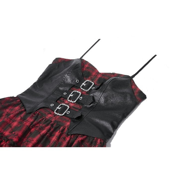 Dark in Love Red Plaid & Faux Leather Layered Punk Sweetcore Dress