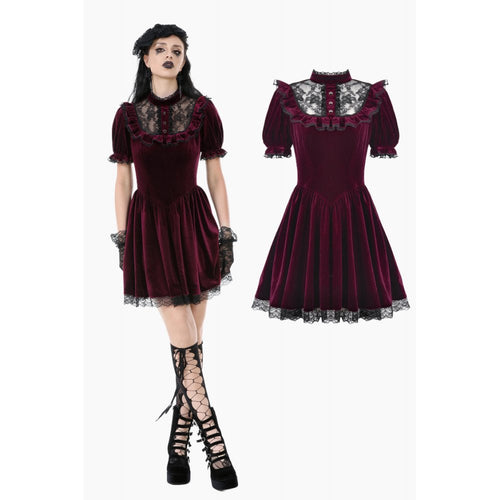 Dark in Love Ophelia Burgundy Velvet Goth Dress with Lace Collar