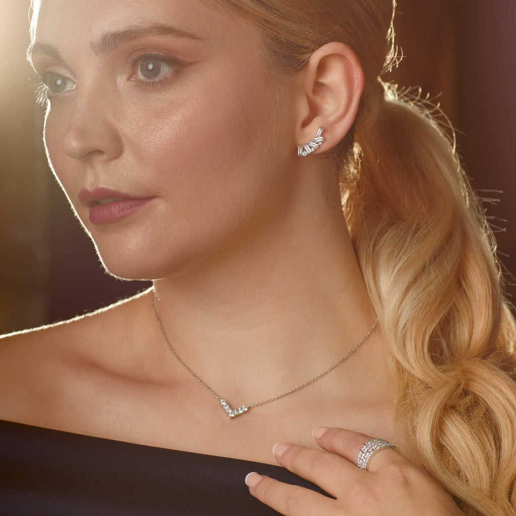 Diamonfire V Shaped Zirconia Necklace | Sterling Silver & Platinum Plated