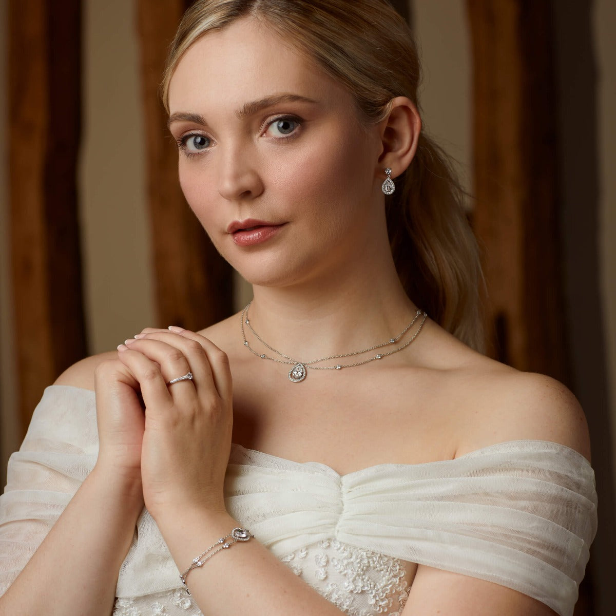 Diamonfire Teardrop Zirconia Double Chain Necklace in Sterling Silver