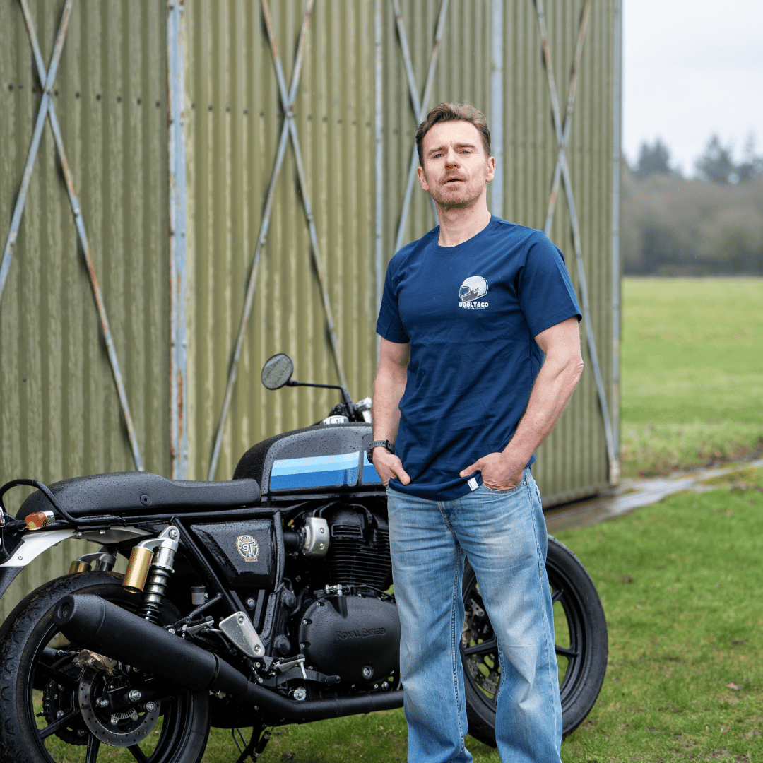 Uggly and Co Navy U&C Helmet Tee – Heavyweight Cotton Moto Graphic Shirt