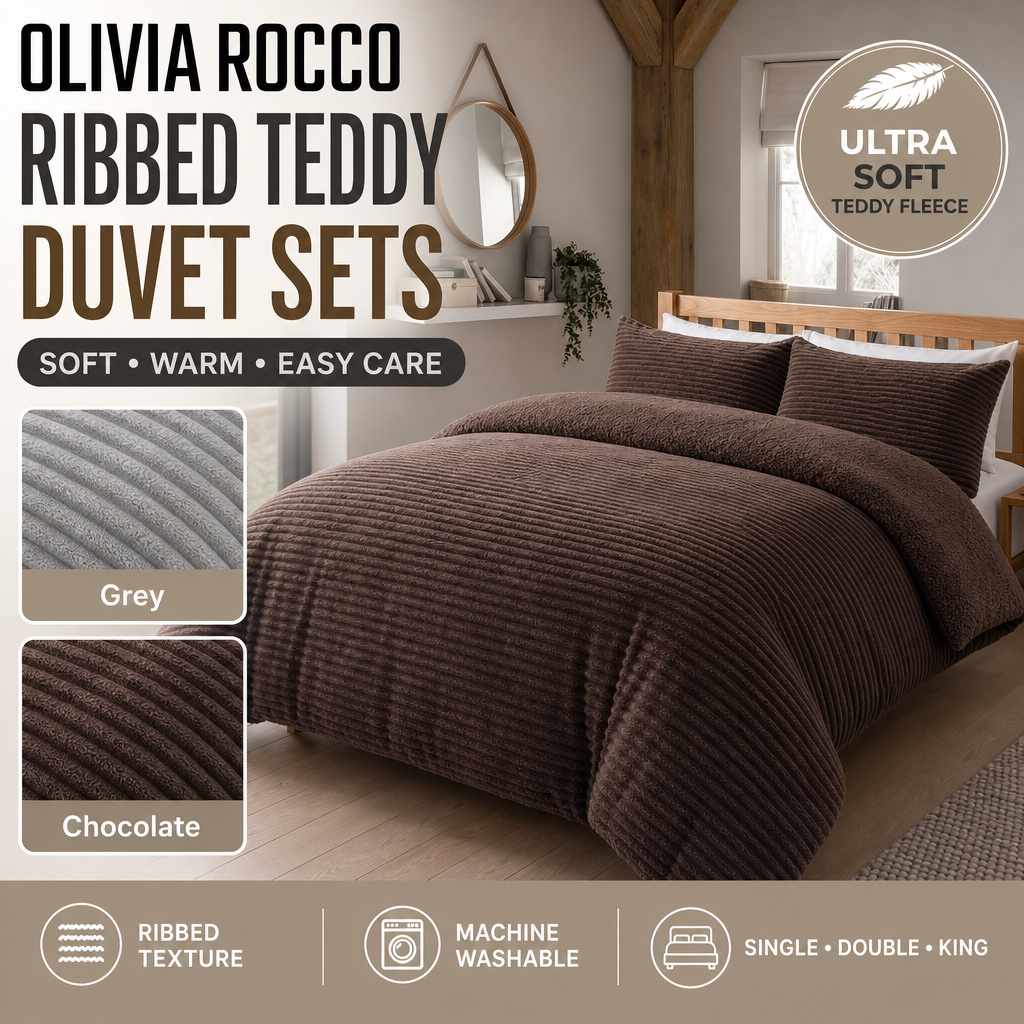 OLIVIA ROCCO Ribbed Fleece Reversible Teddy Duvet Set – Soft Winter Bedding