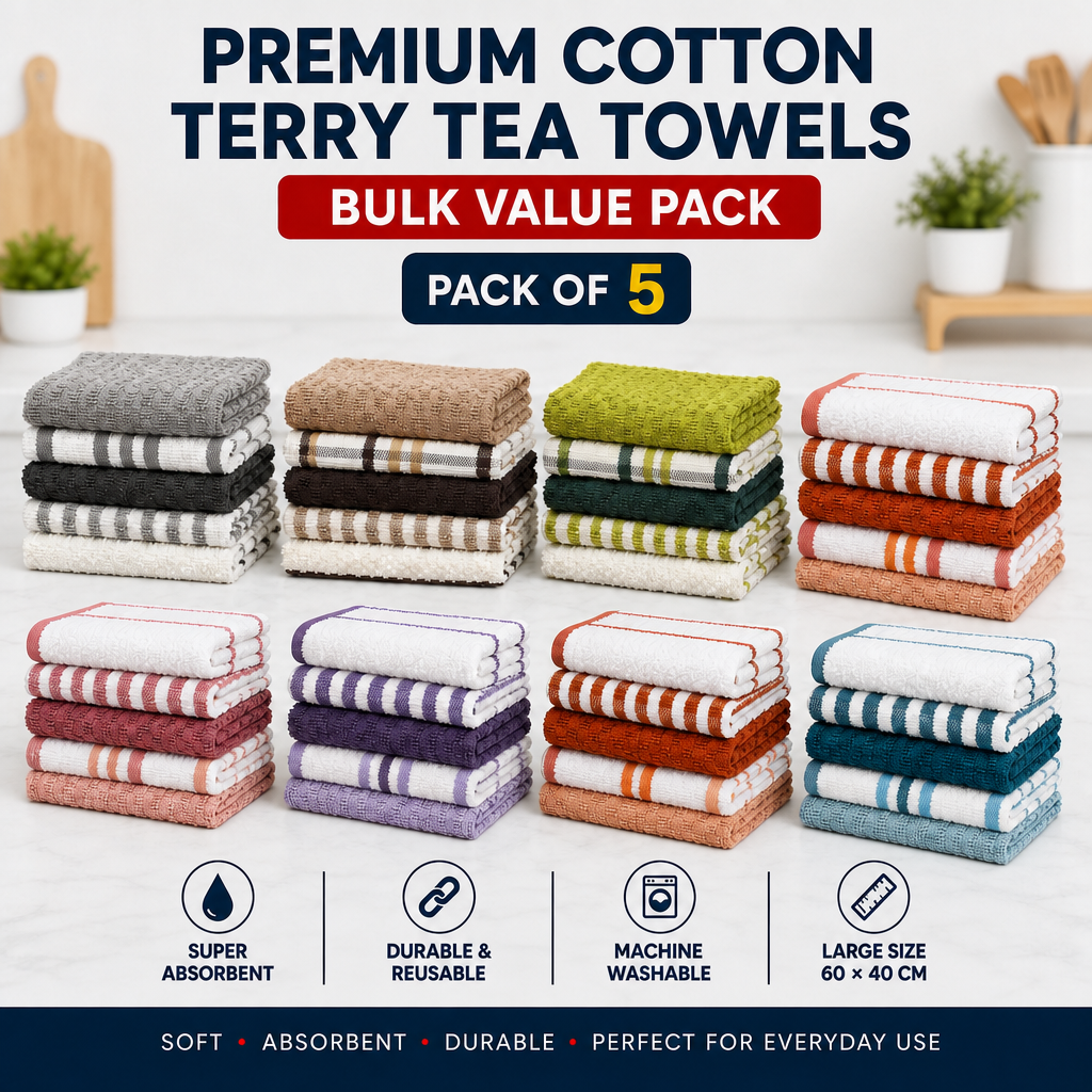 OLIVIA ROCCO Cotton Terry Kitchen Tea Towels - Super Absorbent 5 Pack