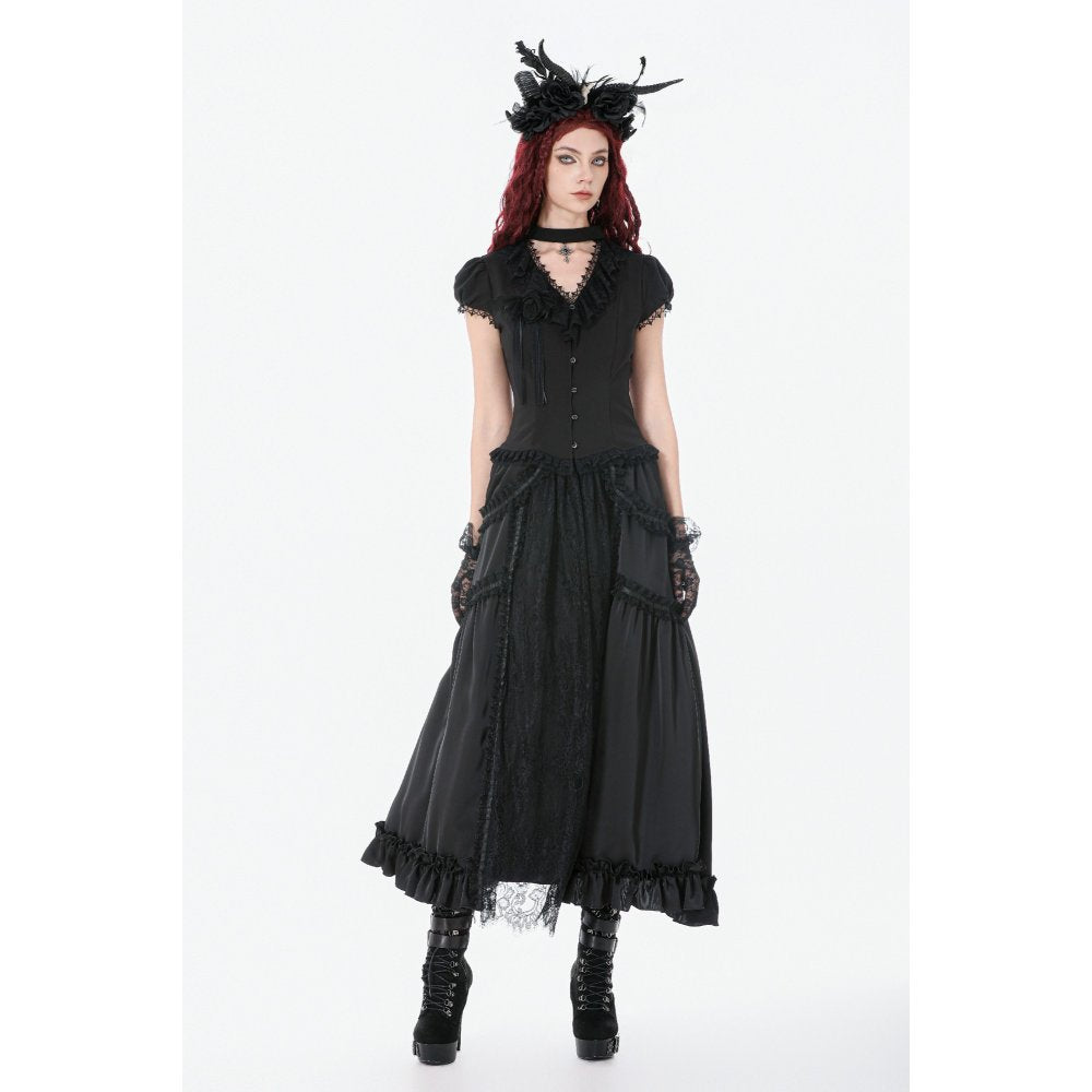 Dark in Love Courtly Cross Gem Gothic Blouse | Black Lace Puff Sleeve