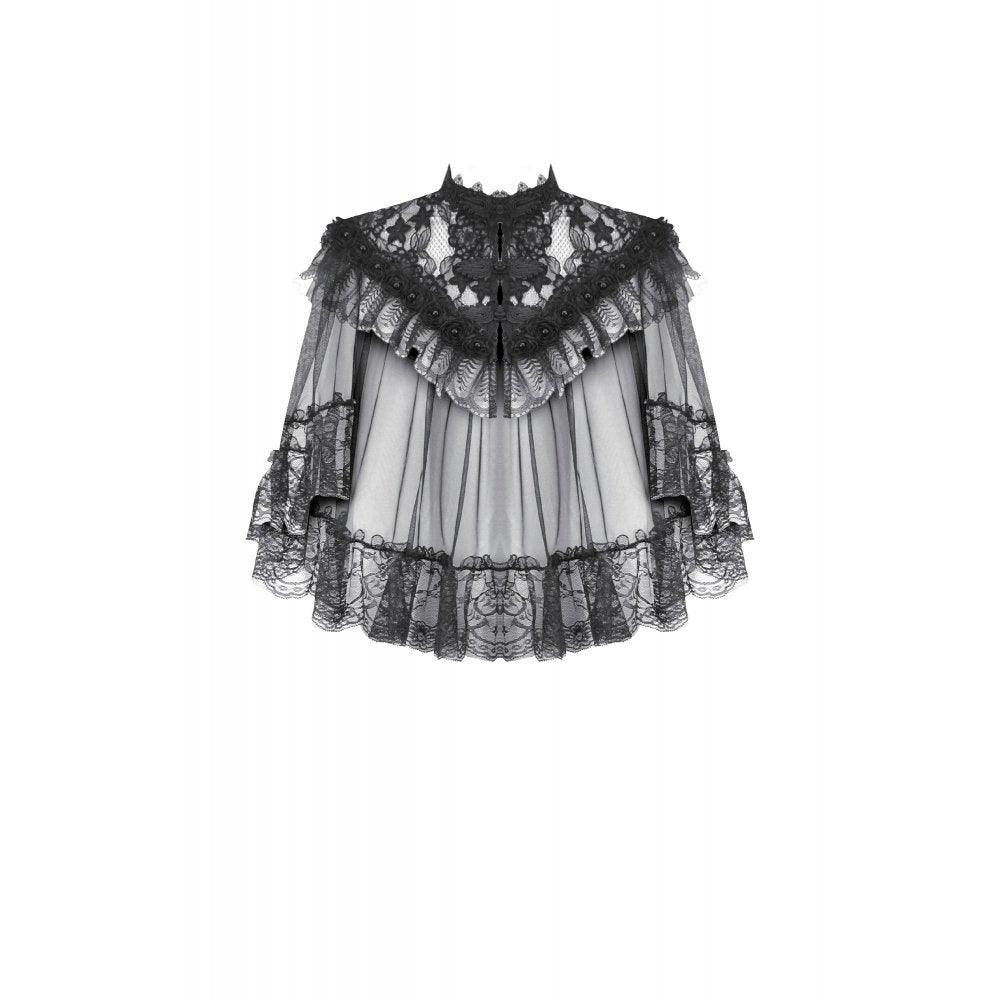 Dark in Love Morwenna Gothic Black Lace Ruffle Capelet with High Collar
