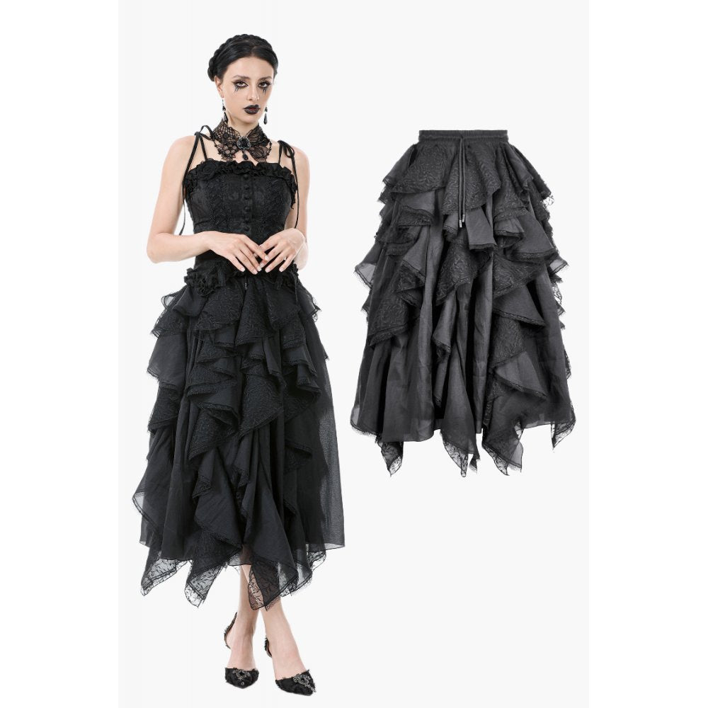 Dark in Love Morrigan Ruffled Goth Midi Skirt - Black Lace Asymmetric