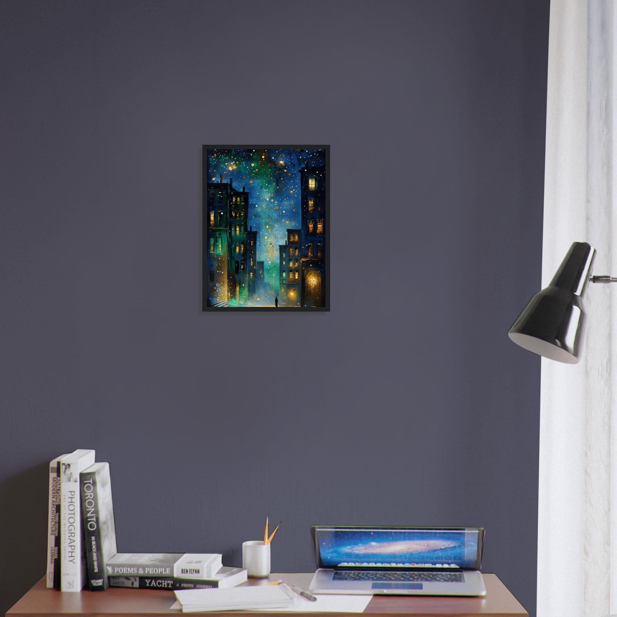 Surreal Urban Night Scene Poster - Vibrant Reflection - Black Framed Art Ready to Hang