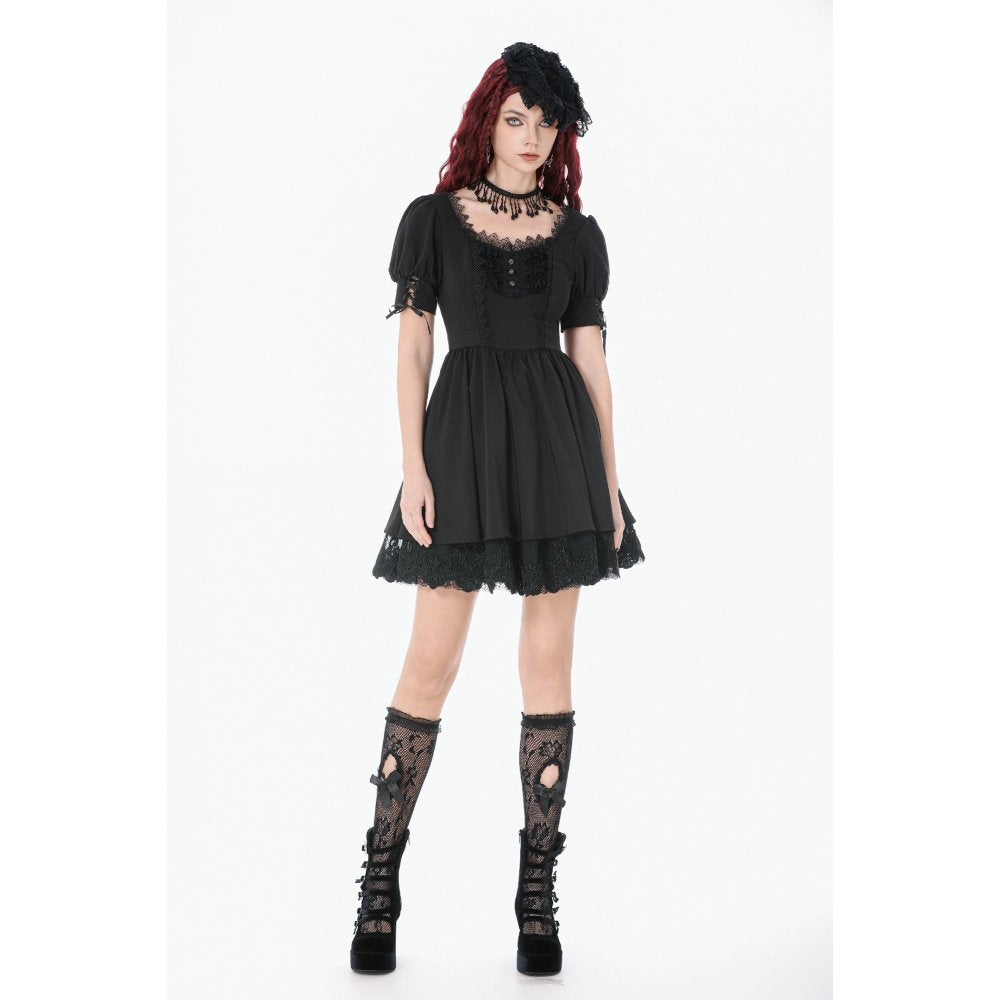 Dark in Love Gothic Lace Square-Neck Puff Sleeve Dress – Black