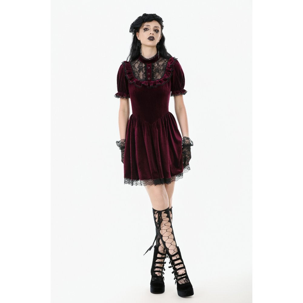 Dark in Love Ophelia Burgundy Velvet Goth Dress with Lace Collar