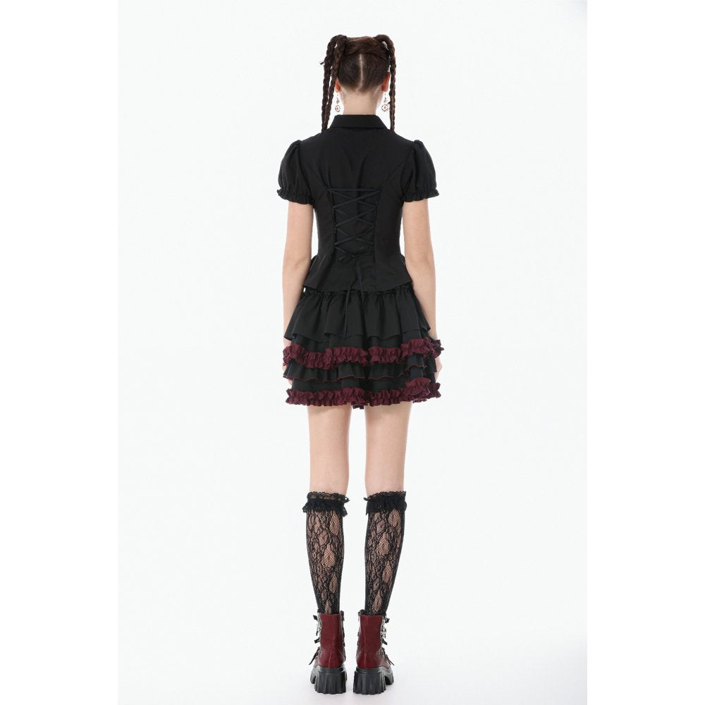 Dark in Love Black & Crimson Gothic Tiered Ruffle Mini Skirt