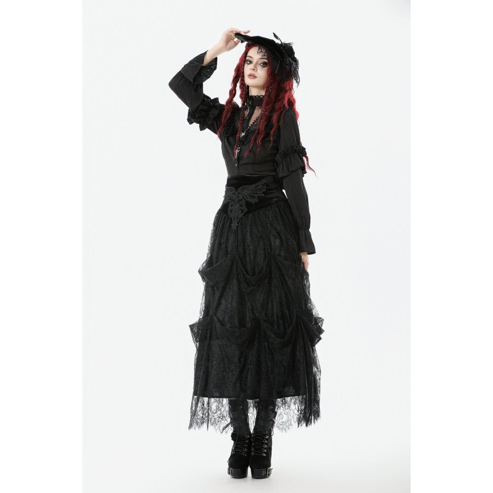 Dark in Love Gloriana Gothic Black Tulle and Lace Draped Maxi Skirt