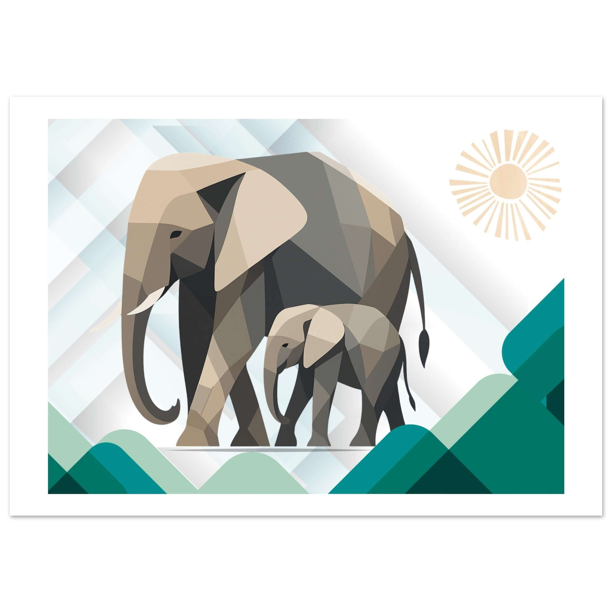 Elephant Duo Wall Art - Neutral Geometric Wildlife Illustration - Eco-Friendly Poster