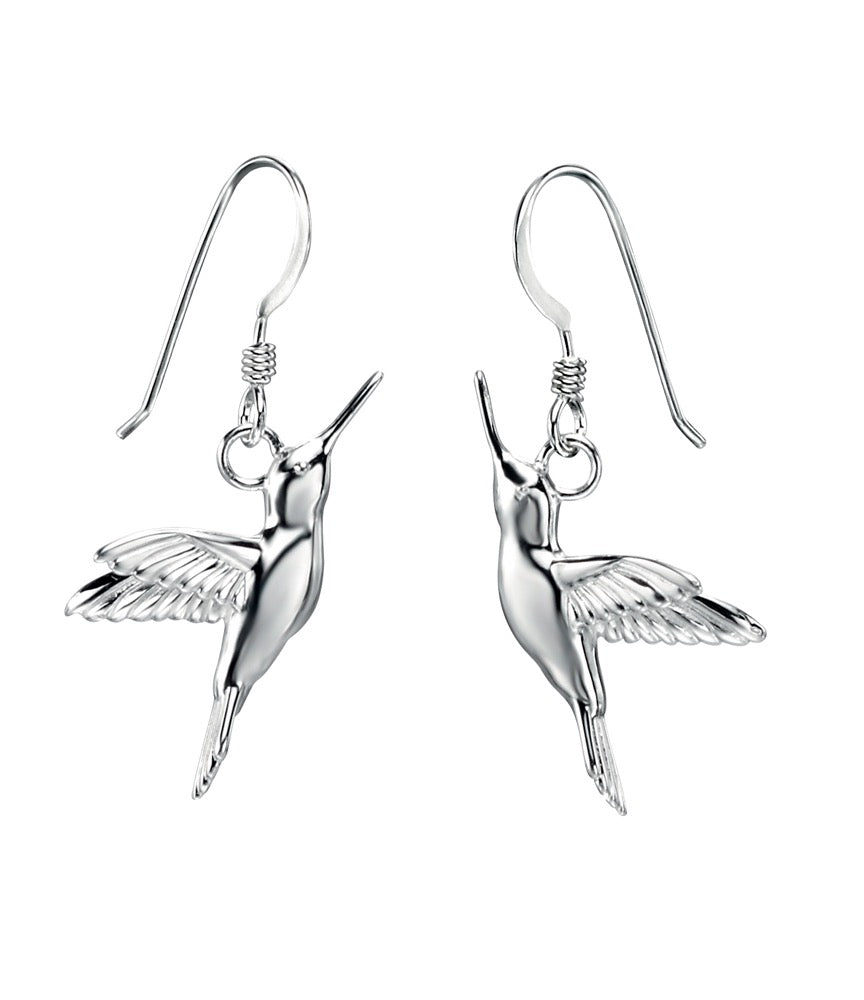 Gecko Jewellery Sterling Silver Hummingbird Drop Earrings - Polished Finish