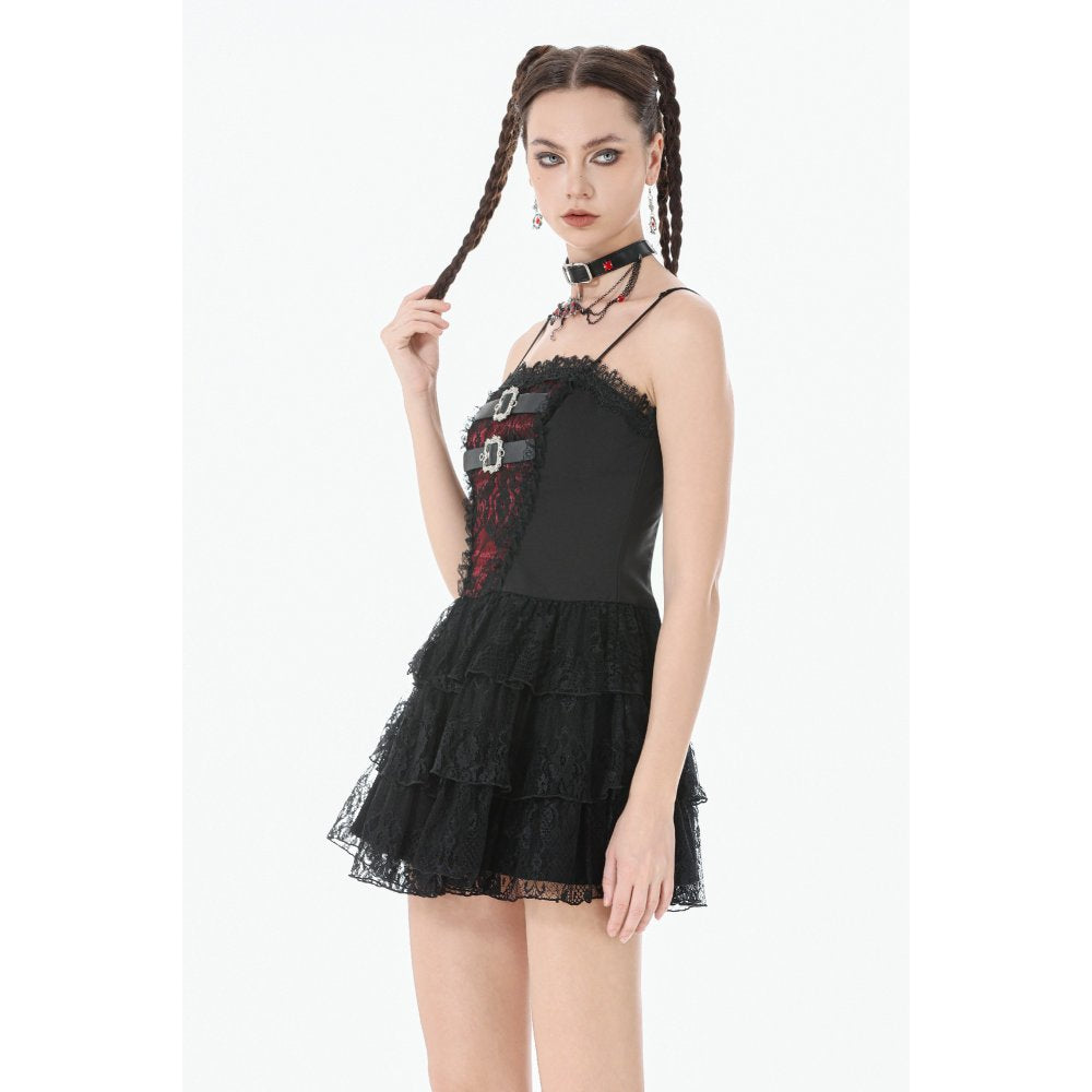 Dark in Love Crimson Shadow Layered Lace Cake Dress – Black and Red