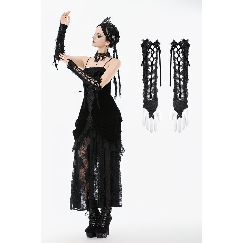 Dark in Love Erzebeth Gothic Arm Warmers – Black Lace-Up Gloves