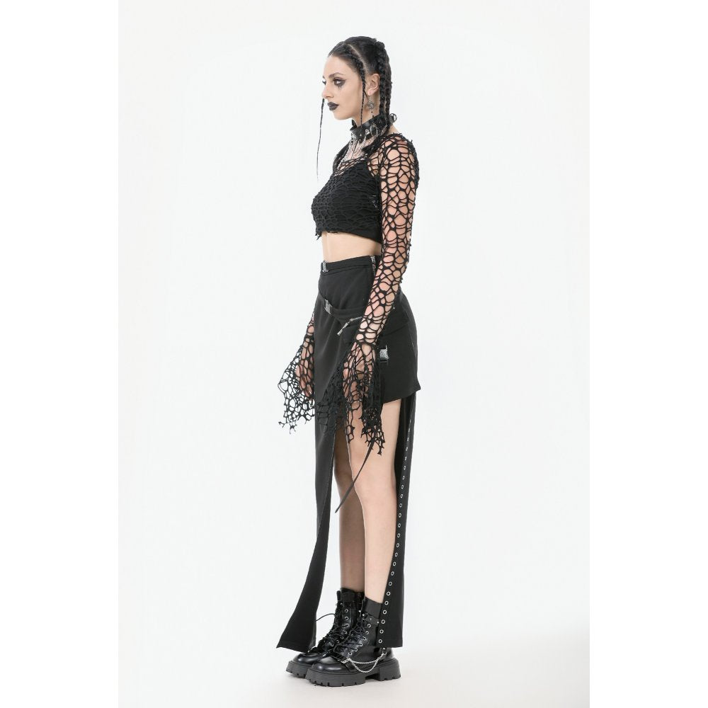 Dark in Love Morana Black Mesh Crochet Knit Bell Sleeve Crop Top