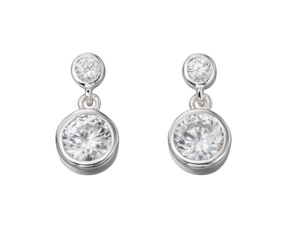 Gecko Jewellery Sterling Silver Round Double Drop Cubic Zirconia Earrings