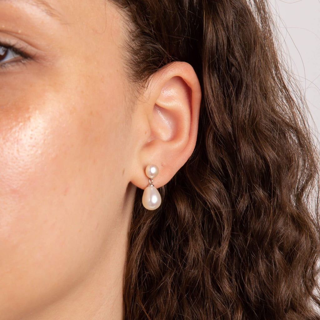 Gecko Jewellery Double Drop Pearl Stud Earrings for Bridal and Formal