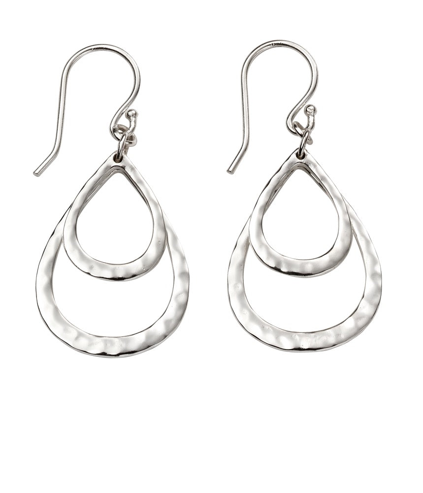 Gecko Jewellery Hammered Double Teardrop Drop Earrings in Silver
