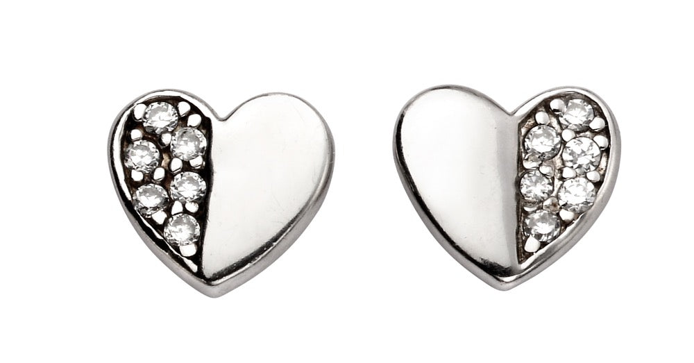 Gecko Jewellery Sterling Silver Half Pave Cubic Zirconia Heart Studs