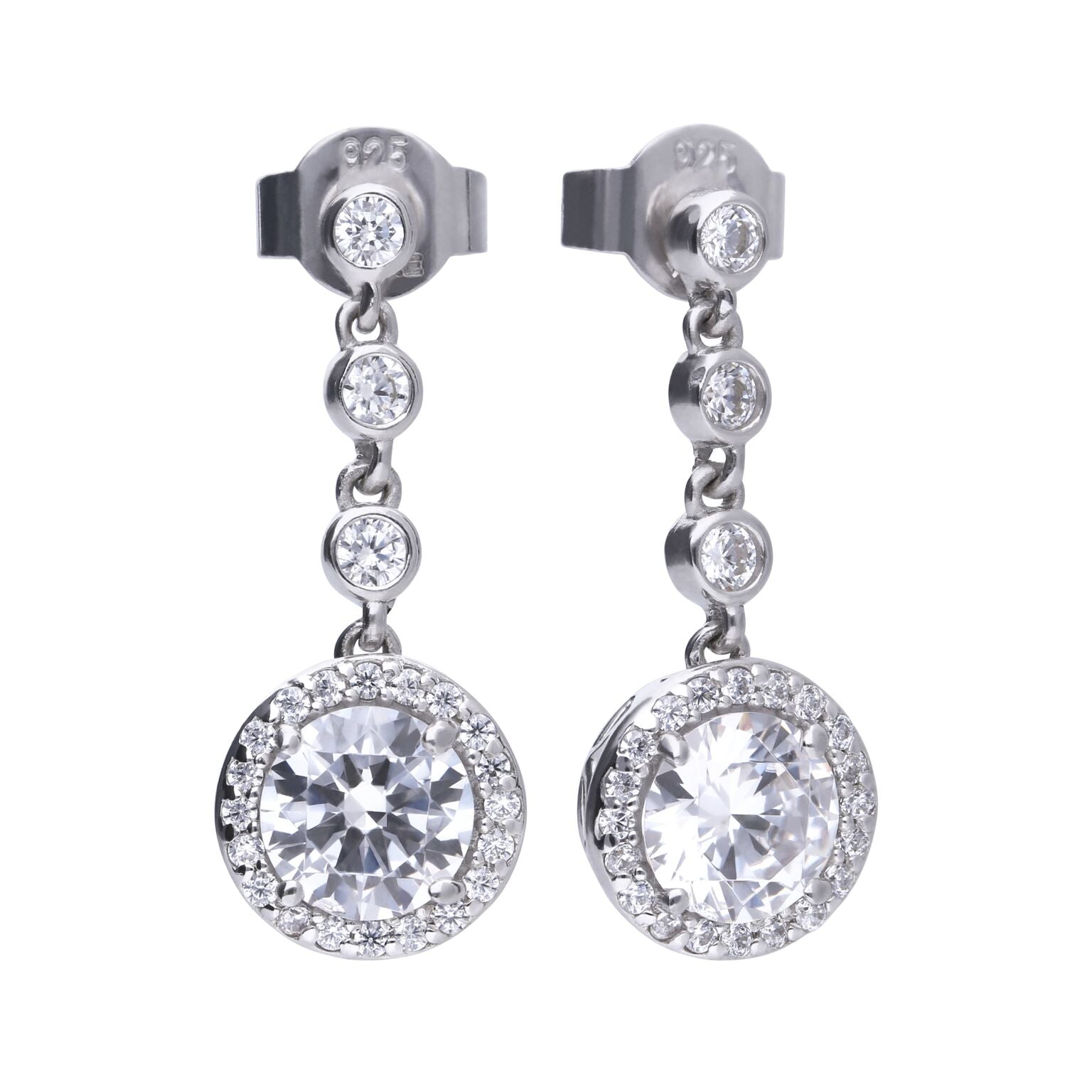Gecko Jewellery Sterling Silver Round Pave Zirconia Drop Earrings
