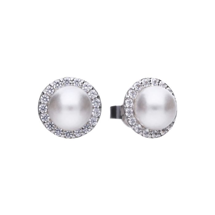Diamonfire Shell Pearl and Zirconia Halo Stud Earrings in Sterling Silver