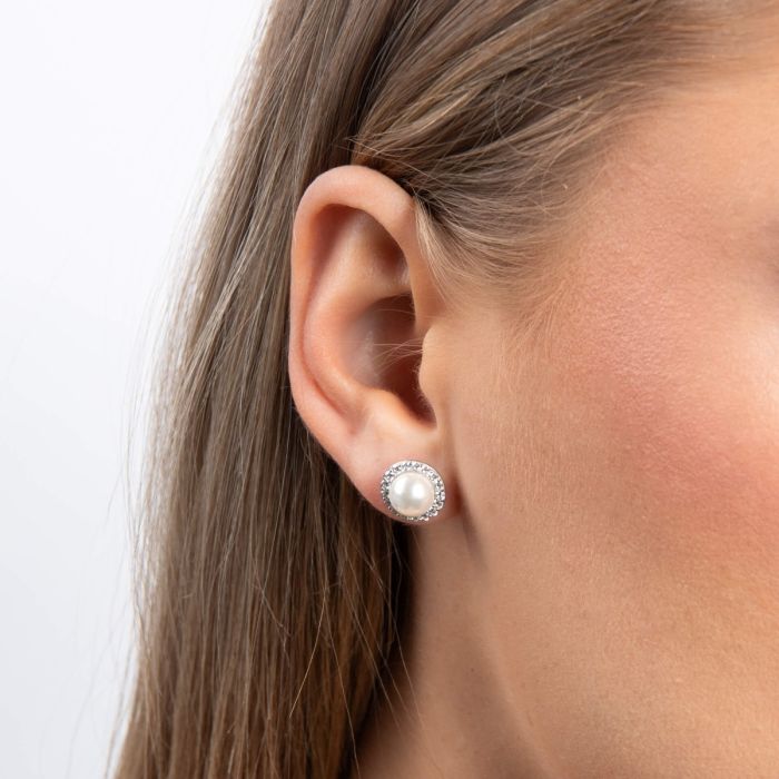 Diamonfire Shell Pearl and Zirconia Halo Stud Earrings in Sterling Silver