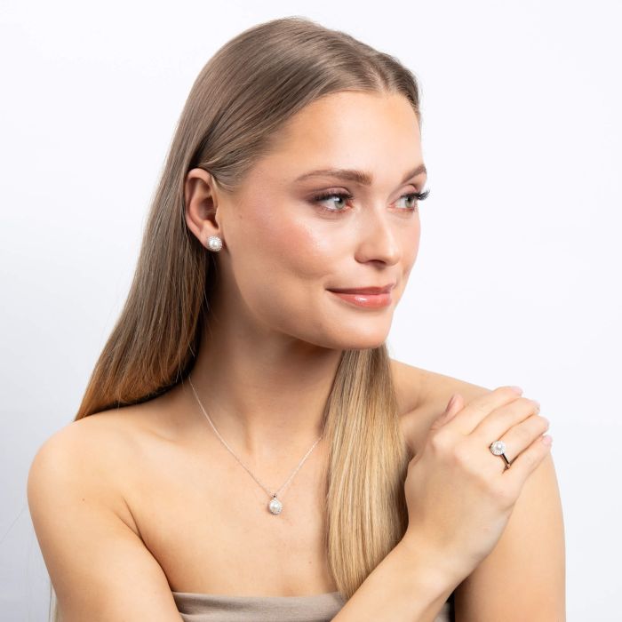 Diamonfire Shell Pearl and Zirconia Halo Stud Earrings in Sterling Silver