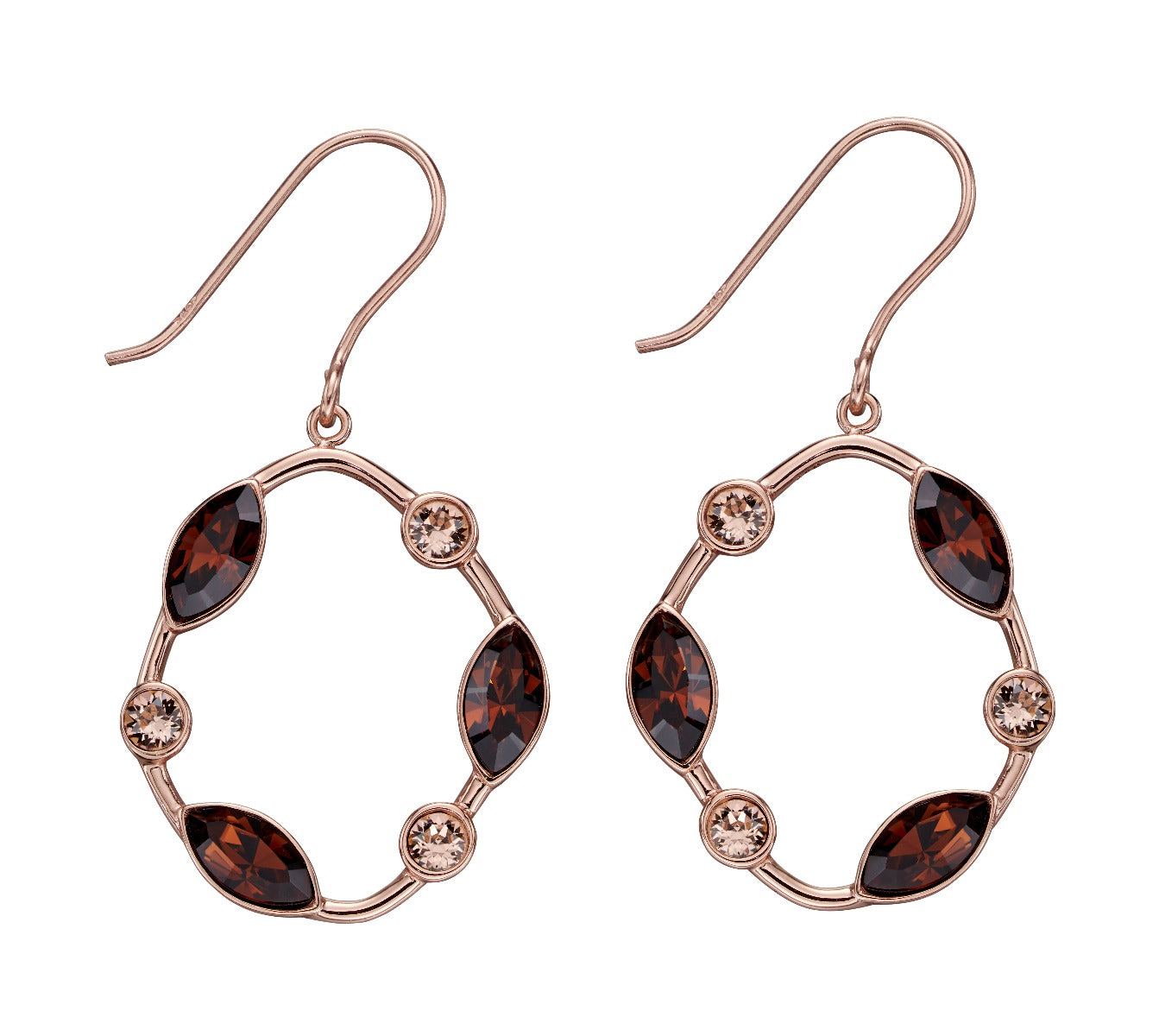 Gecko Jewellery Rose Gold Plated Smoked Topaz Crystal Hoop Earrings