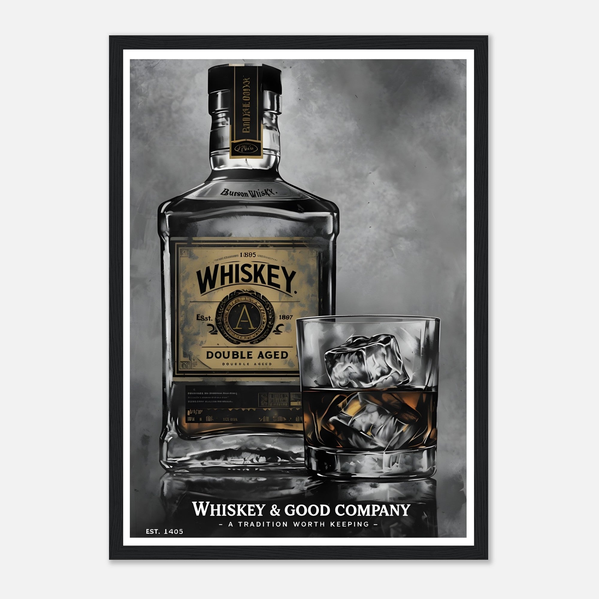 Noir Whiskey Bottle Framed Poster – Sophisticated Wall Art for Home Bars & Lounges