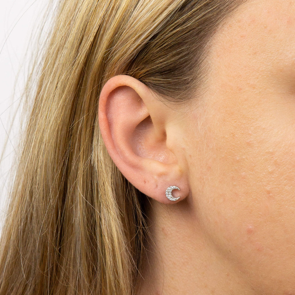 Gecko Jewellery Sterling Silver Crescent Moon Cubic Zirconia Stud Earrings