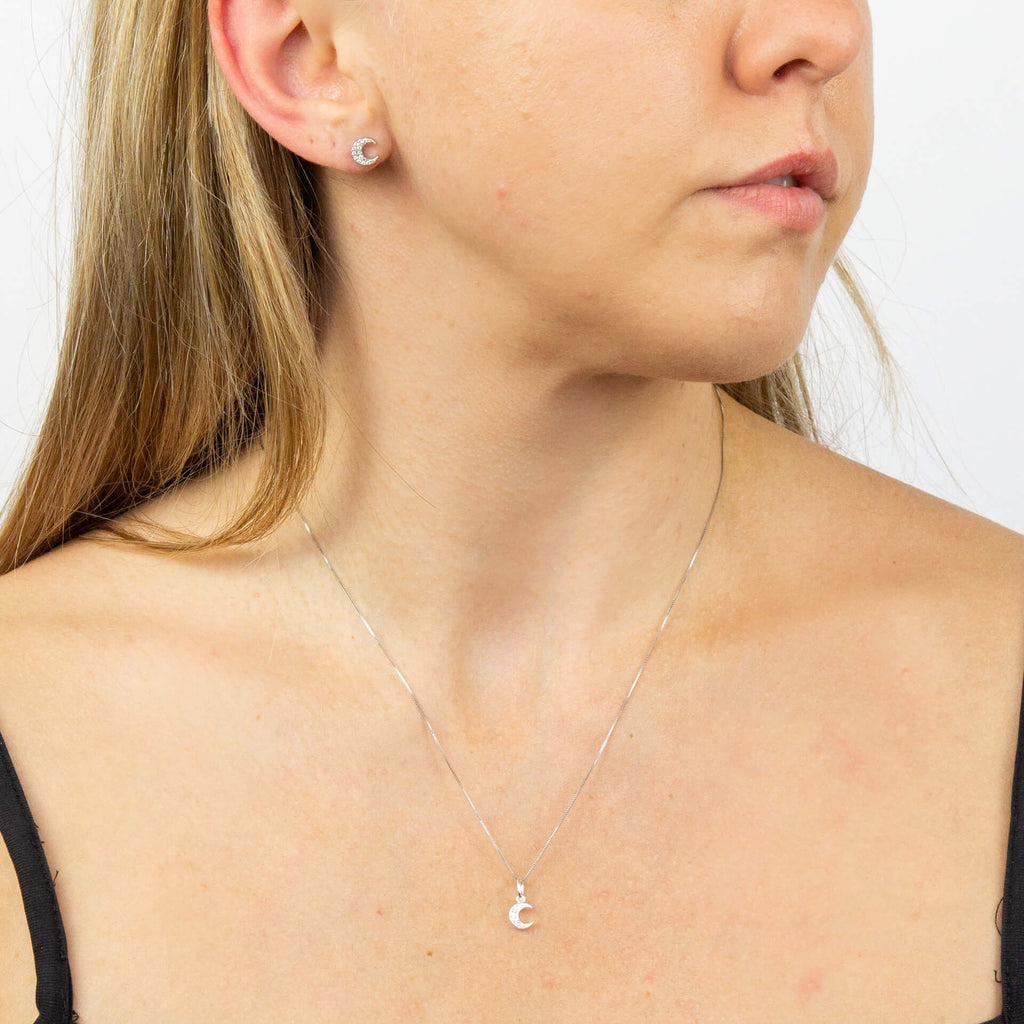 Gecko Jewellery Sterling Silver Crescent Moon Cubic Zirconia Stud Earrings