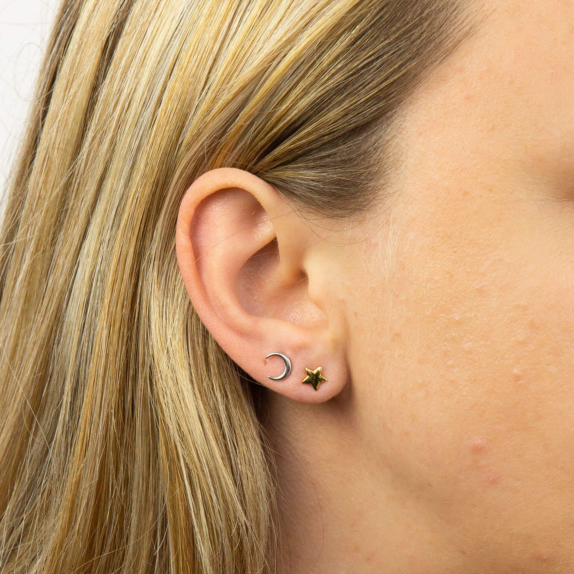 Moon and Star Stud Earrings | Sterling Silver & Gold Plated by Gecko