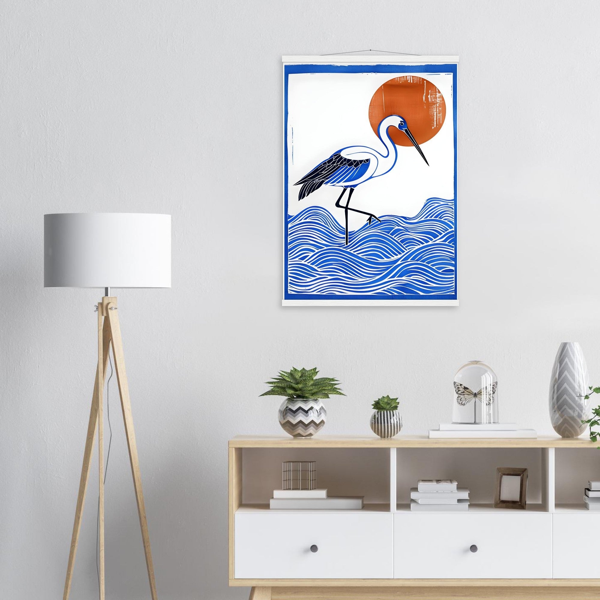 Minimalist Crane Wall Art Poster with Hanger - Japanese Ocean Prints - Modern Home Decor