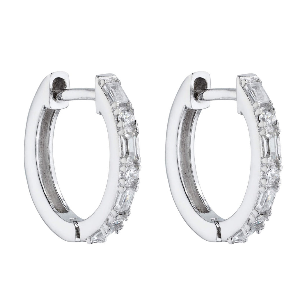 Gecko Jewellery Rhodium Plated 15mm CZ Baguette Hinged Hoop Earrings