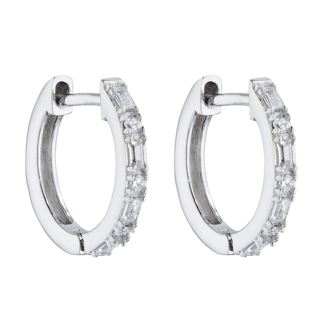 Gecko Jewellery Rhodium Plated 15mm CZ Baguette Hinged Hoop Earrings