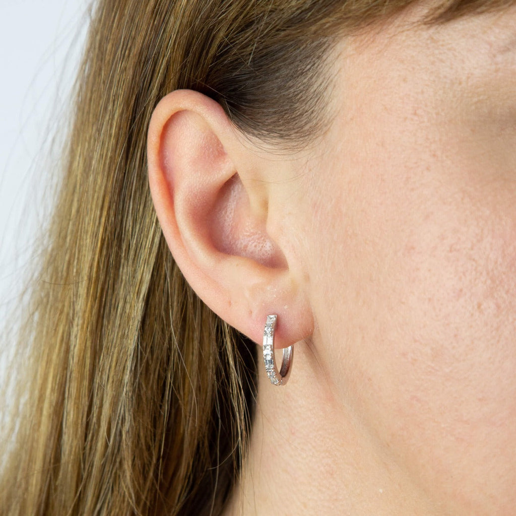 Gecko Jewellery Rhodium Plated 15mm CZ Baguette Hinged Hoop Earrings