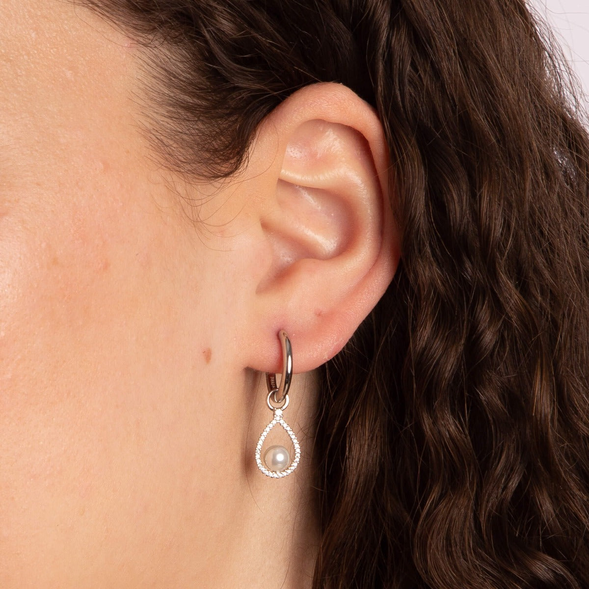 Gecko Jewellery Shell Pearl and Zirconia Pave Assembled Hoop Earrings