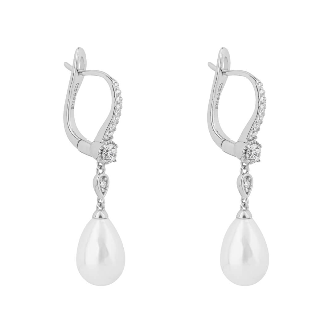 Gecko Jewellery Shell Pearl and Zirconia Drop Lever Hook Earrings