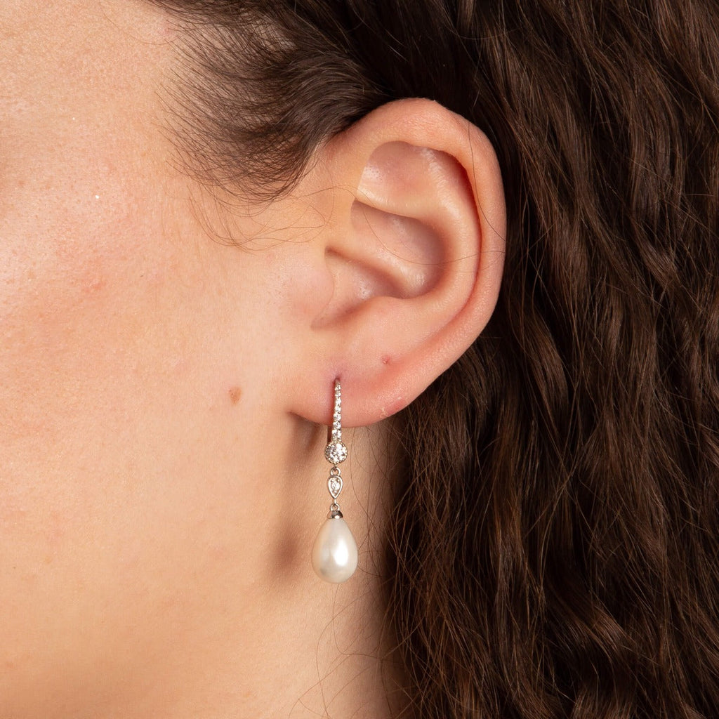 Gecko Jewellery Shell Pearl and Zirconia Drop Lever Hook Earrings