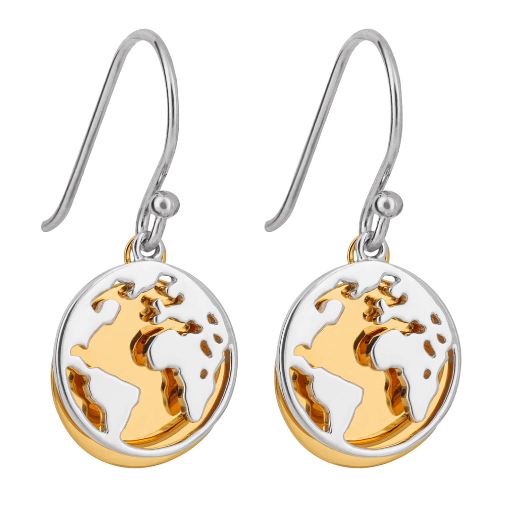 Gecko Jewellery World Map Drop Earrings in Gold Plated Sterling Silver