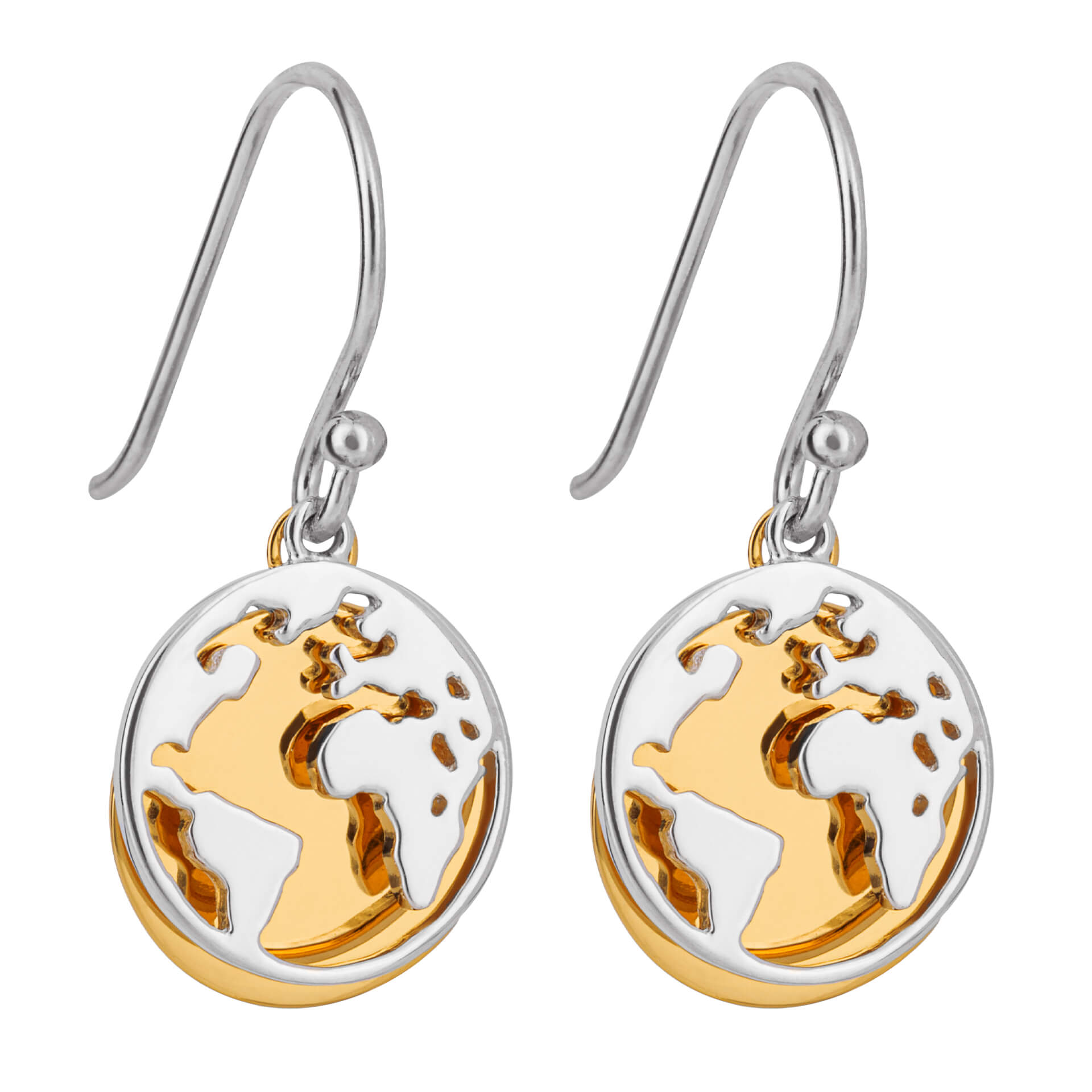 Gecko Jewellery World Map Drop Earrings in Gold Plated Sterling Silver