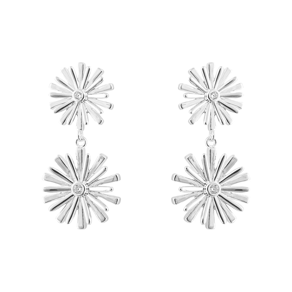Gecko Jewellery Double Flower Drop Earrings in Sterling Silver & CZ