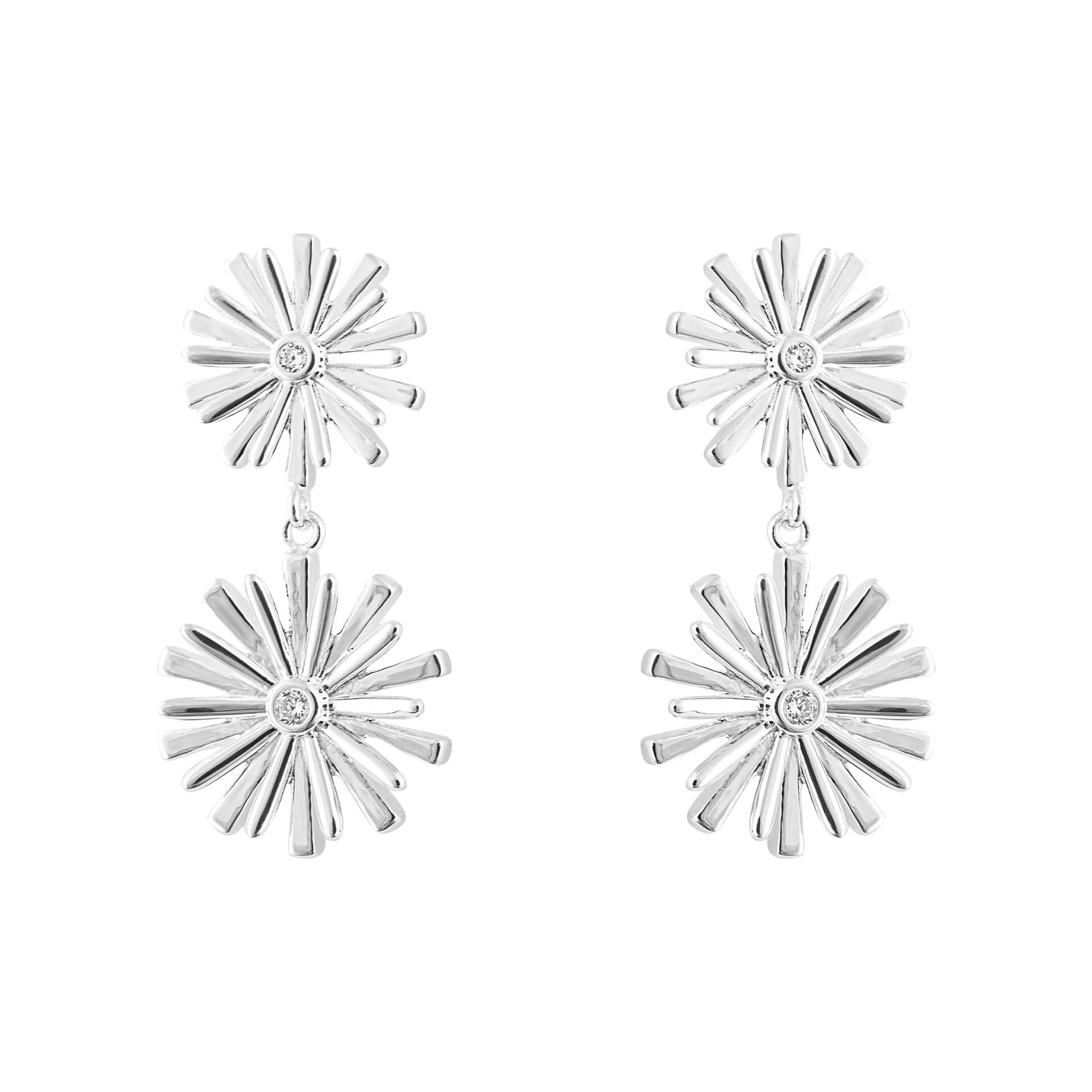 Gecko Jewellery Double Flower Drop Earrings in Sterling Silver & CZ