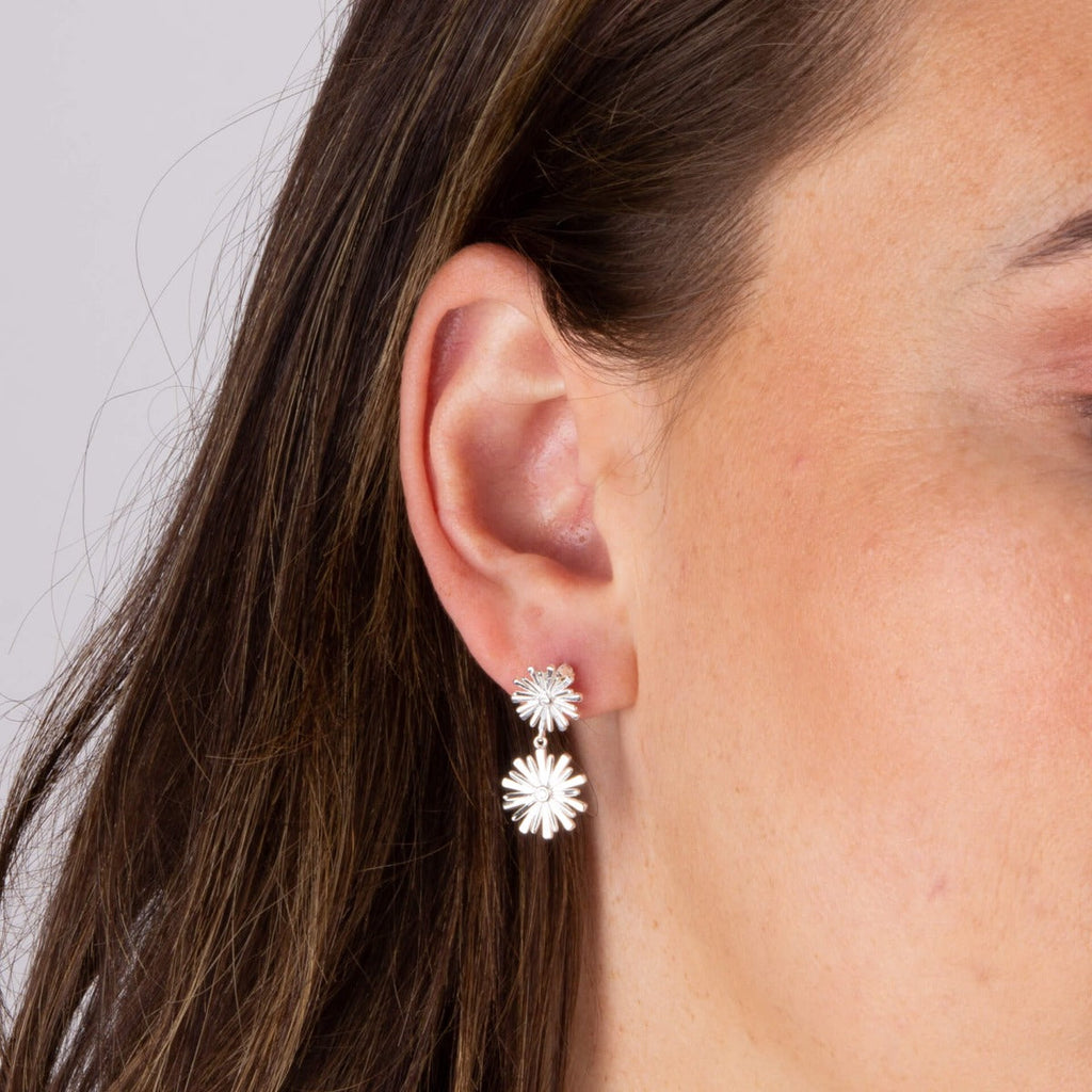 Gecko Jewellery Double Flower Drop Earrings in Sterling Silver & CZ