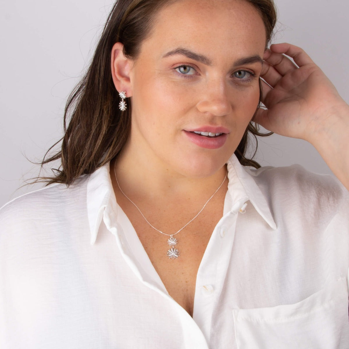 Gecko Jewellery Double Flower Drop Earrings in Sterling Silver & CZ