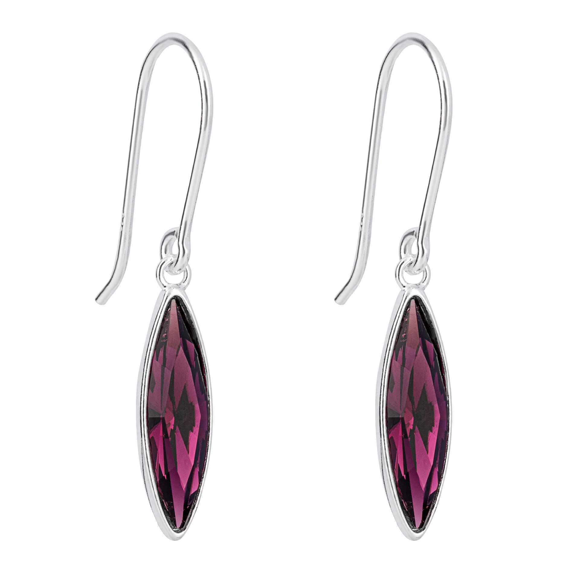Gecko Jewellery Amethyst Crystal Slim Navette Drop Earrings in Silver