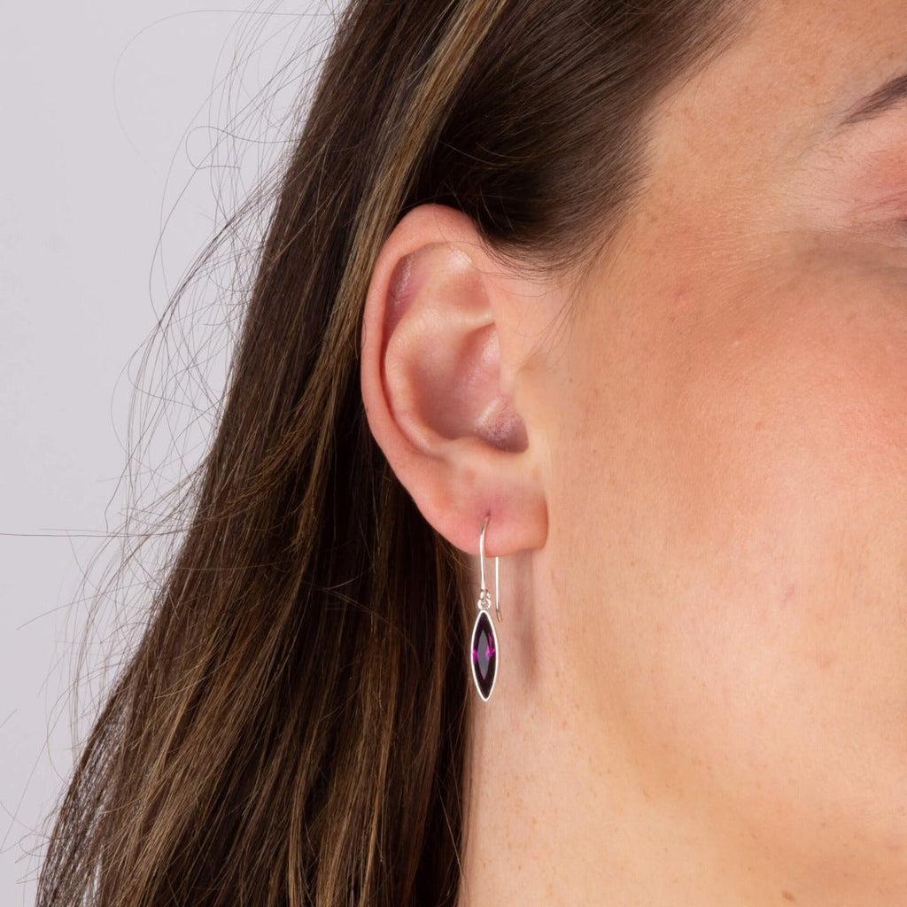 Gecko Jewellery Amethyst Crystal Slim Navette Drop Earrings in Silver