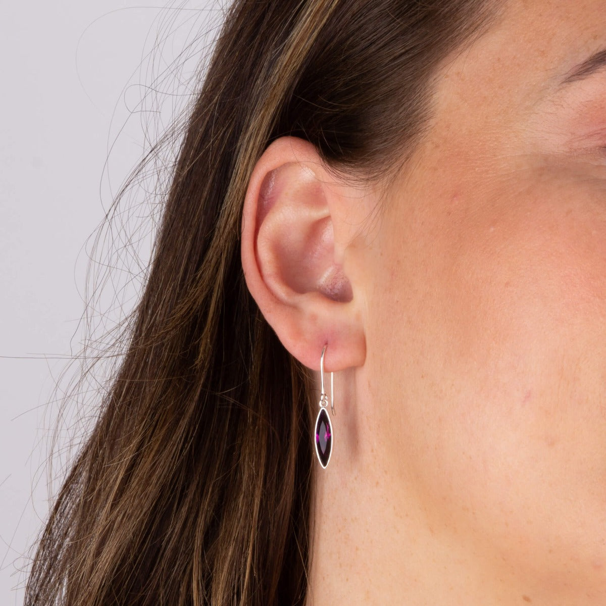 Gecko Jewellery Amethyst Crystal Slim Navette Drop Earrings in Silver