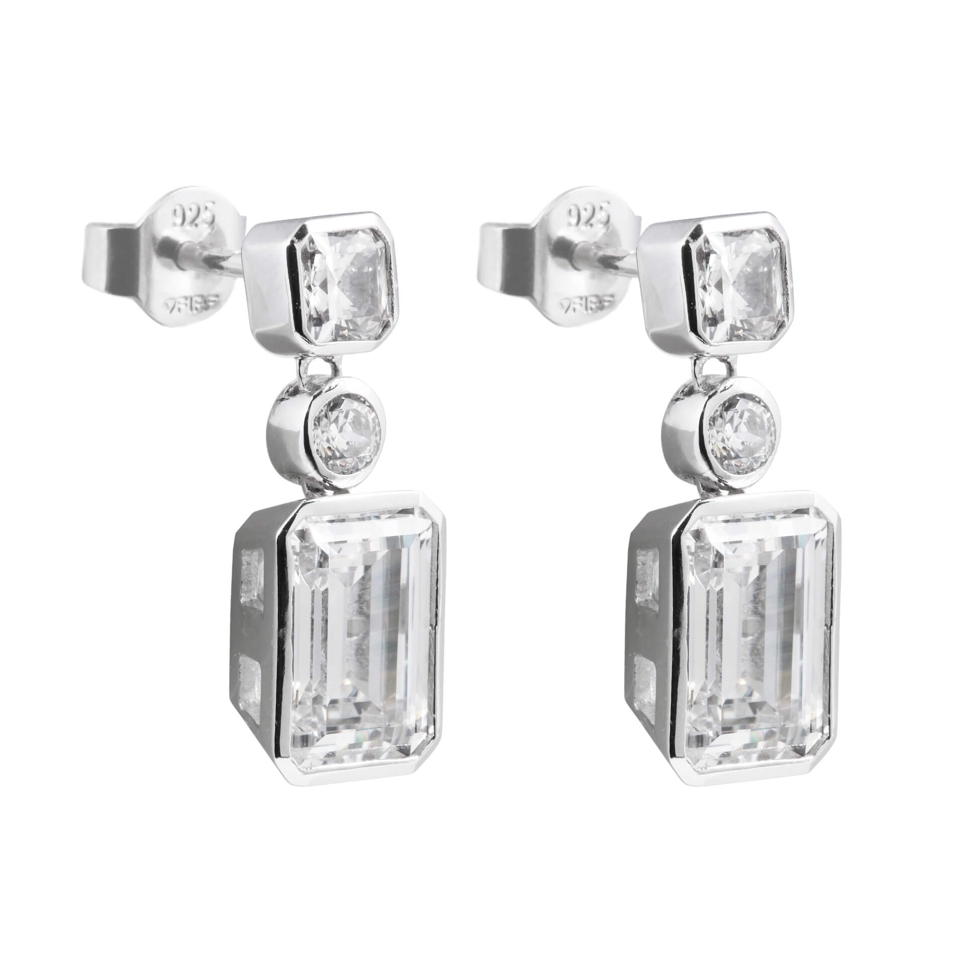 Gecko Jewellery Tri-Stone Sterling Silver Zirconia Drop Earrings